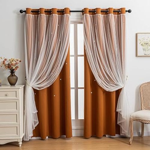 indistar Star Cutout Kids Window Blackout Curtains for Girl Bedroom Window Room Darkening Curtains & Drapes Baby Nursery Curtains (2 Panel,52Wx63L inch,Orange)