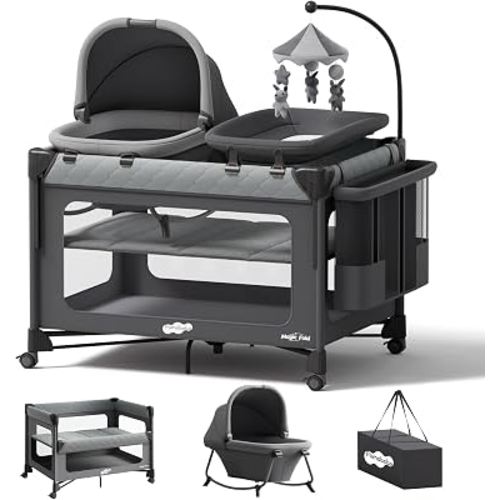 Pamo Babe Pack and Play with Bassinet - 7 in 1 One-Step Setup Bedside Crib, Portable Playpen, Travel Crib, Baby Playard with Diaper Changing Station, Toy Bar & Large Storage Bag