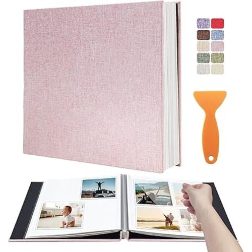 Large Photo Album Self Adhesive Scrapbook Album for 4×6 5×7 8×10 Pictures DIY Magnetic Linen Cover Album 60 Pages for Family Wedding Gifts with Metal Pen and Plastic Board