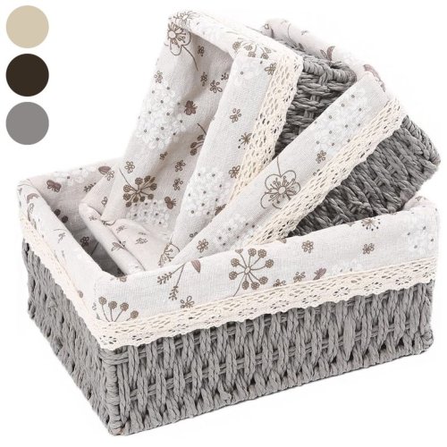 3Piece Wicker Storage Basket, Storage boxes with Removable Liner,Woven Nesting Baskets Set,Square Wicker Storage Baskets with Liners for Organizing,Gray
