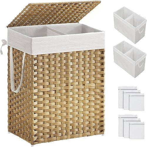 SONGMICS Laundry Hamper with Lid, 90L Clothes Hamper with 2 Removable Liner Bags, 6 Mesh Bags, Wicker Laundry Basket, Double Laundry Hamper for Bathroom, 13 x 18.1 x 23.6 Inches, Natural ULCB251N01V1