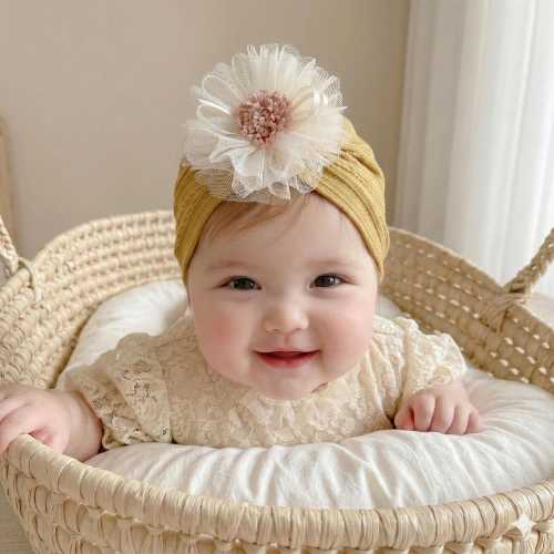 Baby Girl Ribbed Turban Headband – Lace Flower Newborn Headwrap – Soft Stretch Double Layer – Baptism Photo Prop Gift