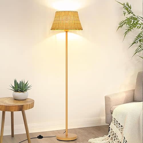 Upgraded:Boho Floor Lamps for Living Room, Rattan Floor Lamp with Woven Wicker Lampshade, 62 inches Mid Century Modern Standing Light, Farmhouse Rustic Coastal Lamp for Bedroom Office,Easy Foot Switch