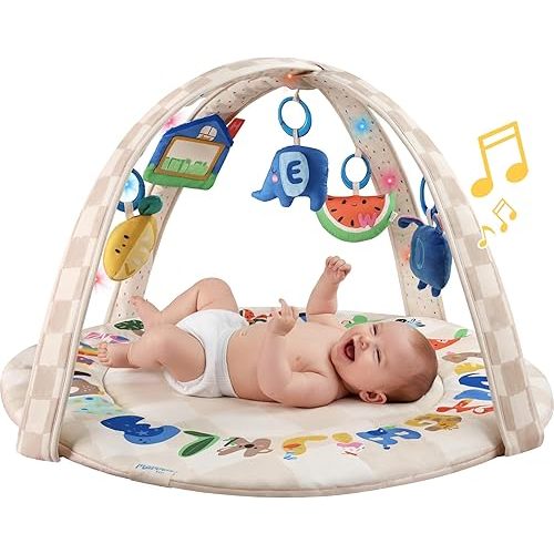 Baby Play Gym & Activity Mat with Light-up Musical Arch, Washable Tummy Time Mat with 6 Detachable Sensory Toys for Motor Skills, Baby Essentials Shower Gift - ABC123