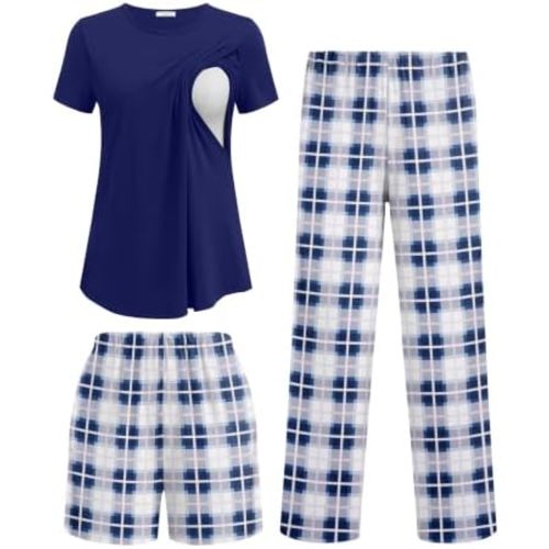 Ekouaer 3 Piece Maternity Nursing Pajamas Set Short Sleeve Breastfeeding Pjs