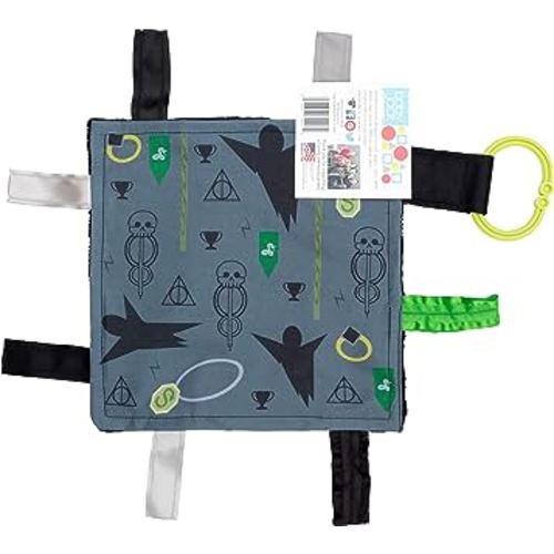 Baby Sensory Crinkle & Teething Square Lovey Toy with Closed Ribbon Tags for Increased Stimulation: 8"X8" (Dark Magic)