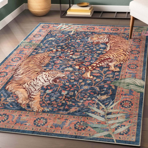 Winston Porter Shanea Botanical Tiger Multi Navy Modern Floral Flat-Pile Rug & Reviews | Wayfair