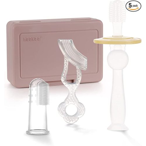 haakaa Training Toothbrush Set Oral Care Kit, Soft Silicone Toothbrush for Baby, Infants, Toddlers & Kids, Blush