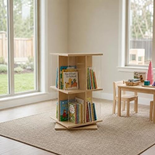 GUIDEWILL Kids Rotating Bookshelf, 360° Spinning Wooden Bookcase Tower, Open Compartments, Natural, for Classroom, Playroom, and Bedroom
