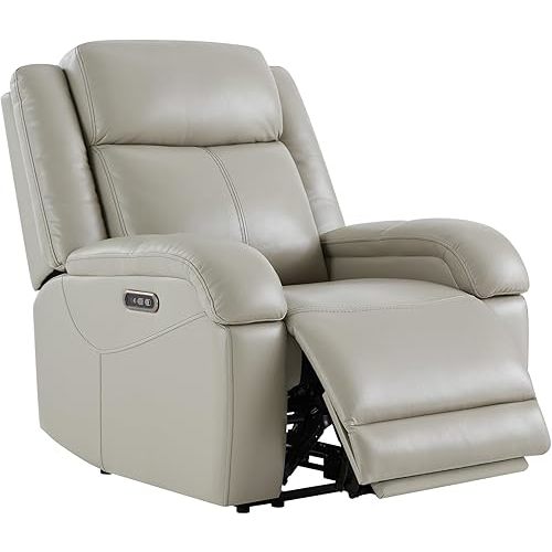 Watson & Whitely Oversized Genuine Leather Power Recliner Chairs for Big and Tall, Wall Hugger Recliner with Power Headrest & Charging Ports, Extra Large Reclining Chair for Living Room, Grey