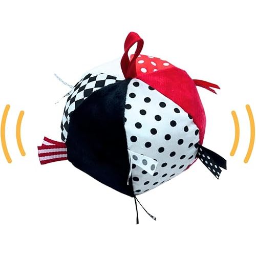 Soft Plush Baby Ball in High Contrast Colors, O Ball Shape with Bell Inside, Sensory Tags, 5", Perfect Size for Small Hands to Grasp, Great for Sensory Play, Tummy Time Toy, Gross Motor Development