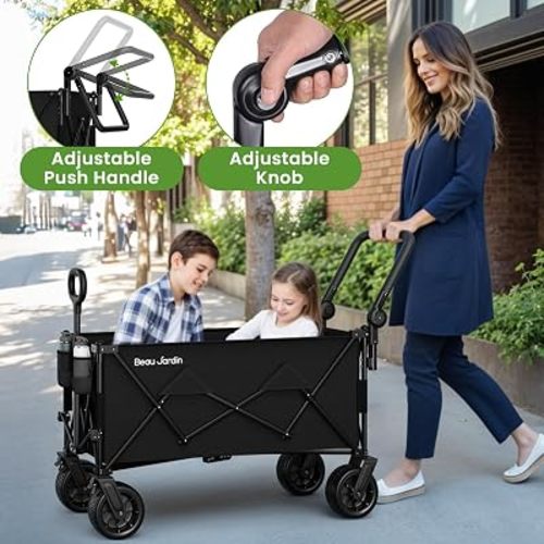 BEAU JARDIN Folding Push & Pull Wagon Collapsible Foldable with All Terrain Wheels, Black