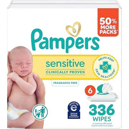 Pampers Sensitive Baby Wipes, Water Based, Clinically Proven, Hypoallergenic, and Unscented for Babies, 1008 Wipes Total (18 Flip-Top Packs) [Packaging May Vary]