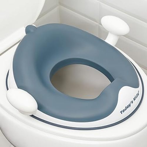 Anti-Slip Baby Training Toilet Seat for Toddlers - Comfortable & Soft Cushion, Secure Grip Handles - Splash Guard Design Potty Toddler Toilet Seat Attachment, Easy Storage Loop - Blue