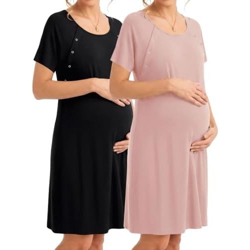 Ekouaer Labor and Delivery Gown 3 in 1 Maternity Nursing Hospital Nightgown Short Sleeve 2 Pack Breastfeeding Gowns