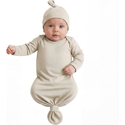 Newborn Knotted Baby Gown 0-6 Months, Super Soft Breathable Nightgowns for Babies Girl and Boy, Baby Girls Coming Home Hospital Outfit with Hat Set Oatmeal