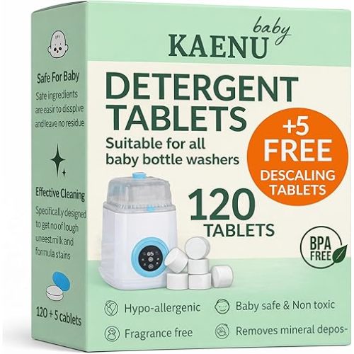 120PCS Bottle Washer Tablets, Detergent Tablets Compatible with all Baby Bottle Washers, Baby Brezza, Momcozy & Grownsy, Removes Milk Residue & Odor from Bottles & Pump Parts, 5 Free Descaling Tablet
