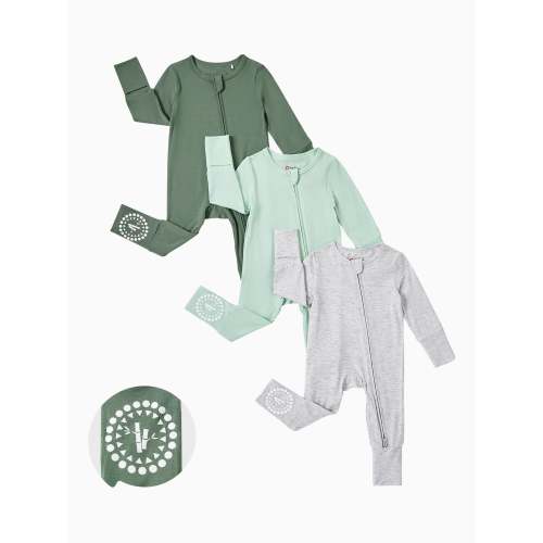 Bamboo Baby Boy / Girl 3-Pack Solid&Rainbow Printed 2-Way Zipper Anti Slip Long-sleeve Footie Green