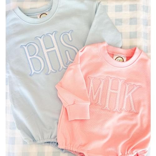 Bitty Dot Appliqué Monogram Sweatshirt Bubble. Monogram Sweatshirt Bubble. Pink Sweatshirt. Blue Sweatshirt.