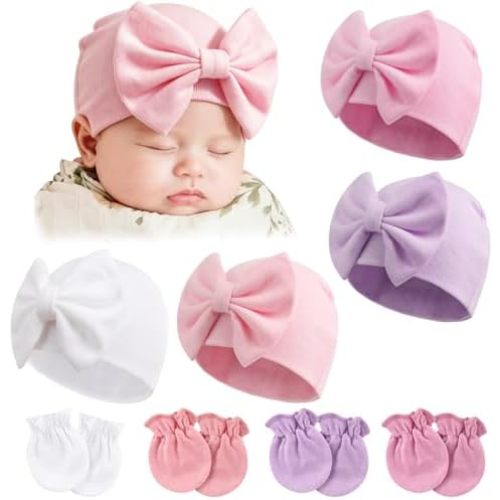 BQUBO Newborn Baby Hats Mittens Set Cotton Hospital Hat Preemie Infant Bow Hats No Scratch Mittens for Baby Girls 0-6 Months