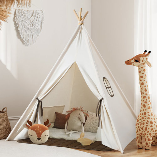 Besrey Kids Teepee Play Tent with String Lights & Thickened Mat,Kids Indoor Outdoor Playhuose Tent,Off White | Wayfair