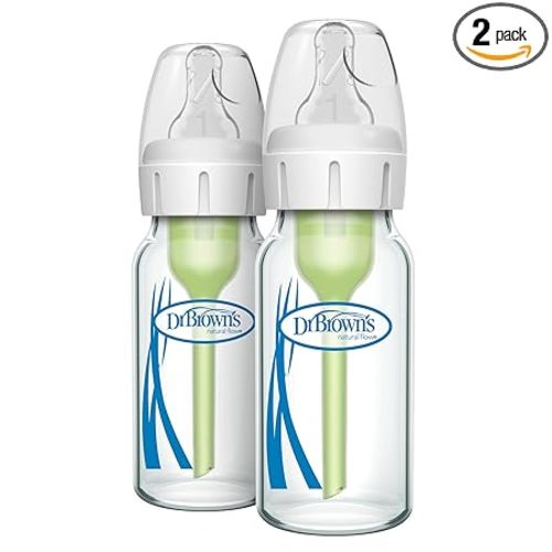 Dr. Brown's Natural Flow Anti-Colic Options+ Narrow Glass Baby Bottle, 4 oz/120 mL, with Level 1 Slow Flow Nipple, 2 Pack, 0m+