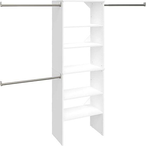 ClosetMaid SuiteSymphony Wood Closet Organizer Starter Kit with Tower and 3 Hang Rods, Shelves, Adjustable, Fits Spaces 5 – 10 ft. Wide, Pure White