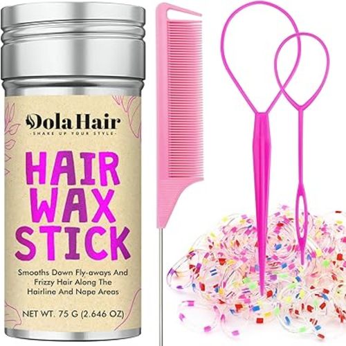 Dolahair Hair Wax Stick & Accessories - Flyaway Control for Kids & Women, 50 Pcs Colorful Elastic Hair Bands, 1 Pcs Slick Back Hair Brush, 2 Hair Loop Styling Tools (Pink)