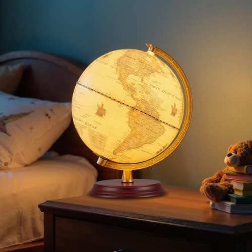 10.5 in. Illuminated World Globe Night Light Up Globe Lamp Wooden Stand and HD Map Bronze
