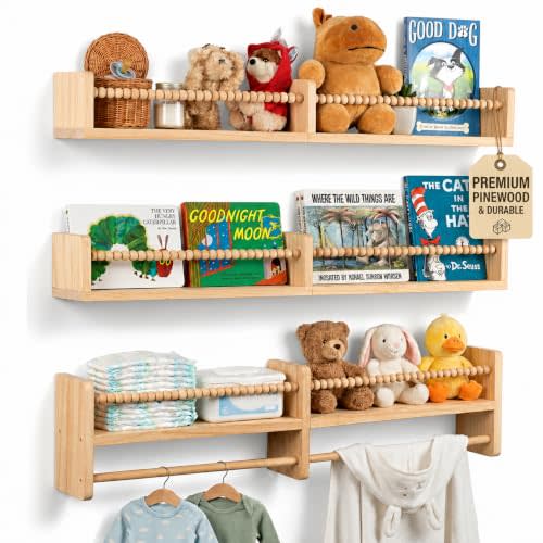 Nursery Shelves for Wall – Nursery Book Shelves with Hanging Rod – Set of 3 Wooden Wall-Mounted Shelves, Rounded Edges, Nursery Bookshelf for Kids Room Decor, 31.5" x 3.9" x 3.7"