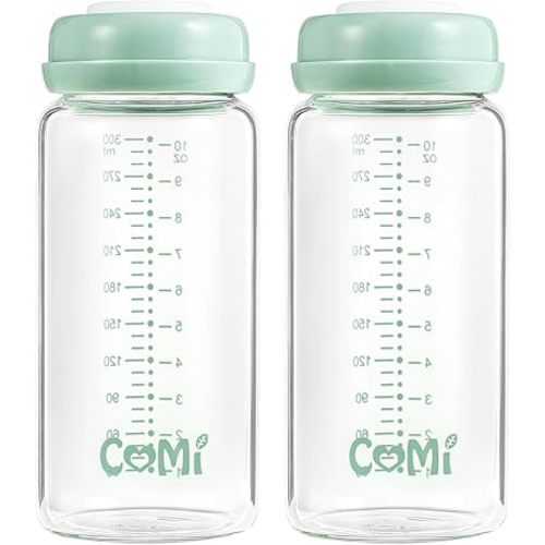 COMI Wide Neck Glass Breastmilk Collection n Storage Bottle, 2 Packs,10oz with Screw Ring Sealing Disk,Re-markable Sealing Disc,BPA Free,Fits Breast Pumps&Nipples(2 Green Lids)