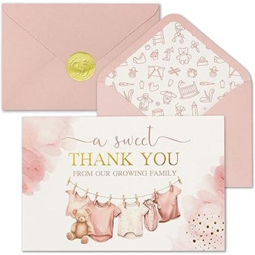 Baby Shower Thank You Cards - 50 Baby Girl Thank You Notes with Assorted Envelopes & Stickers - Cute Pink Watercolor & Gold Foil Delicate Greeting Cards Bulk Pack (PINK)