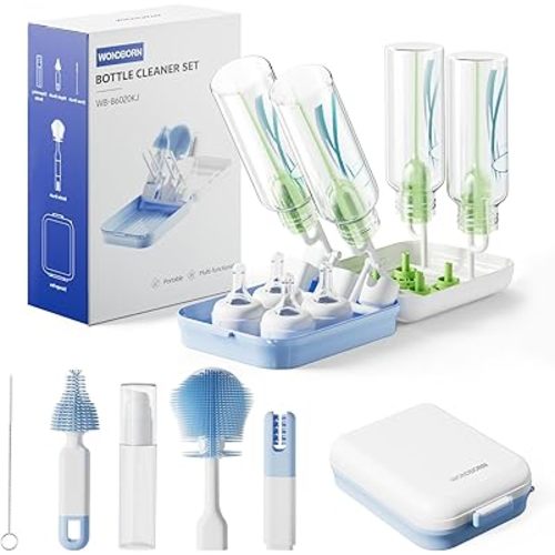 Bottle Brush Set, 9-in-1 Bottle Cleaner Kit, Includes Bent Neck Bottle Brush, Nipple Cleaning Brush, Straw Brush, Soap Dispenser, Pry Tool, Storage Case & Drying Rack, Baby Travel Essentials