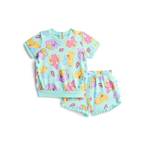 Care Bears Baby Girls Short Sleeve Allover Print Ruffle Shirt and Matching Shorts Set, 2-Piece, Sizes 0/3M-24M