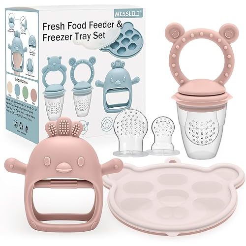 3 Pack Silicone Teething Mitten for Babies with Baby Fruit Food Feeder & Freezer Tray Set, BPA Free Infant Teething Relief Toy for 3 Month+, Additional Silicone Sacs
