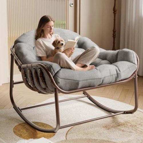 Outdoor Papasan Rocking Chair, Oversized Wicker Lounge Chair with Cushion