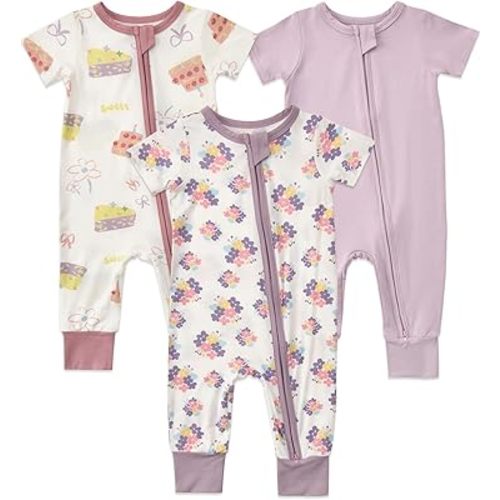 Aablexema Baby Short Sleeve Footless Romper 3-Pack Rayon of Bamboo 2 Way Zipper One Piece Pajamas Jumpsuits for Boys Girls