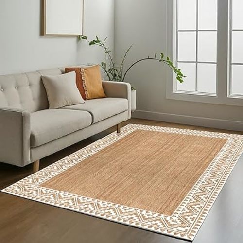 voyzz home 5X8 Feet-Rectangular, Premium Natural Jute Braided Area Rug, White Printed Border, Stain Resistance, Natural Brown, Handmade Rug for Entryways, Living Room, Dining Room, Bedroom, Farmhouse