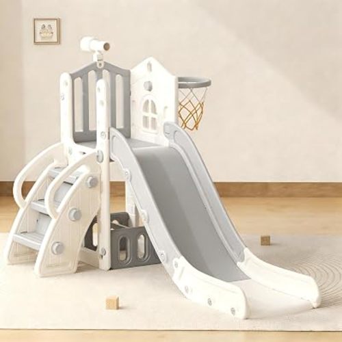 YUFU 5 in 1 Toddler Slide, Indoor Outdoor Playset for Kids 1-3, Beige Gray