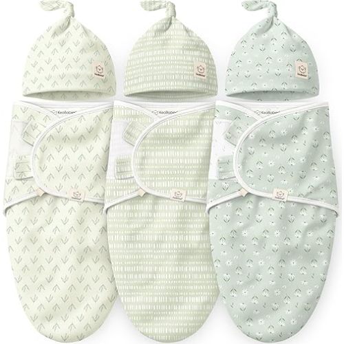 3pk Organic Swaddles for Newborns Girls, Boys & Hats (Leafy, 0-3M)
