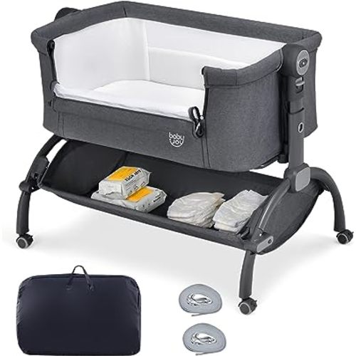 BABY JOY Baby Bassinet, 3-in-1 Rocking Bassinet w/Storage Basket, Double-Lock Design, 7 Adjustable Heights, Soft Mattress & Portable Travel Bag, Bassinet Bedside Sleeper for Newborns Infants (Gray)
