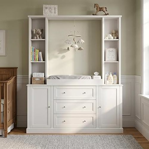 WOODTIME 78.7" Tall Changing Table Dresser with Drawers, Open Shelves and Doors, Multi-Functional Baby Nursery Dresser with Changing Table Top, Versatile Storage Cabinet for Nursery, White
