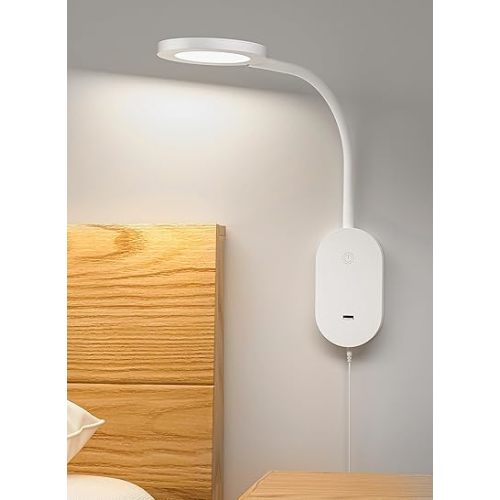 deeloop Wall Mounted Reading Light,Book Lights with USB Output, Reading Lamps for Bed Headboard in 4 Hours Auto-Off, Touch Control Wall Lamp with 5 Dimmable Flexible Gooseneck Bedside Lamps White