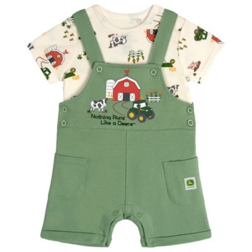 John Deere Baby Boys' Snap Closure French Terry Overalls and Short Sleeve Graphic Tee Outfit Sage Green Cream 6-9 Months