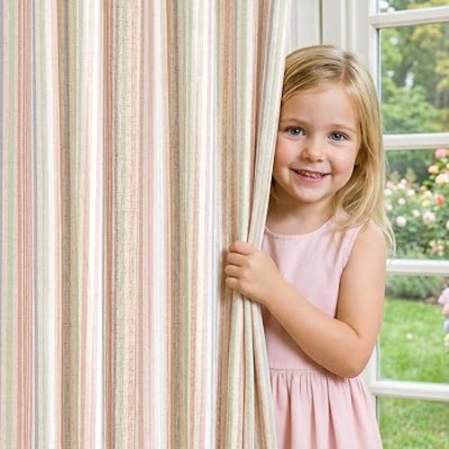 jinchan Linen Curtains 63 inch Candy Stripe for Kids Room Grommet 2 Panels