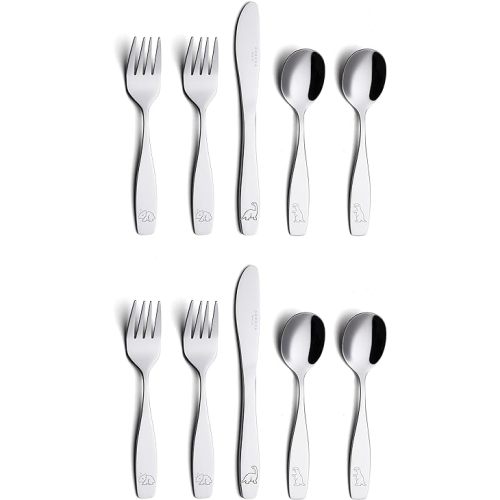 ANNOVA Kids Flatware Set - Stainless Steel Silverware Forks, Table Knife, Tablespoons - Child Toddler Utensils Dinosaur Engraved T-Rex, Triceratops, Diplodocus (Staineless Steel, 10 Pieces)
