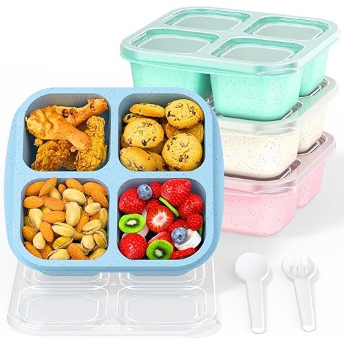 Bento Snack Boxes (4 Pack)- Reusable 4-Compartment Meal Prep Containers for Kids and Adults, Perfect Food Storage School, Compact Stackable (Wheat(Green/Blue/PK/Beige))