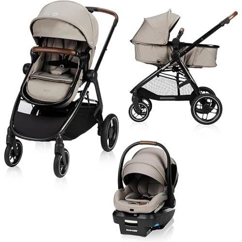 Maxi-Cosi New Generation Zelia Luxe 5-in-1 Modular Travel System, Carriage Mode, Reversible Toddler Seat, Mico Infant Car Seat (included), Enhanced All-Terrain Wheels, Use from Birth – New Hope Tan