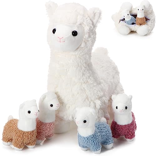 Lenwen 5 Pcs Christmas Llama Stuffed Animal Llama with Babies 14 Inch Mommy Alpaca with 4 Cute Plush Babies in Her Belly Soft Cuddly Plushie for Toddler Boy Girl Birthday Gift Party Favors