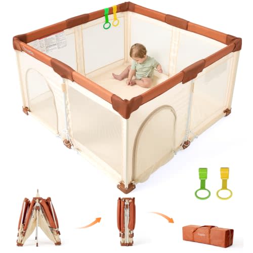 Tinyiota Foldable Baby Playpen, 50x50 Inch Portable Play Yard for Babies and Toddlers with Soft Breathable Mesh, Storage Bag & 2 Pull-Toy Handles for Indoor & Outdoor (Brown, 50x50)